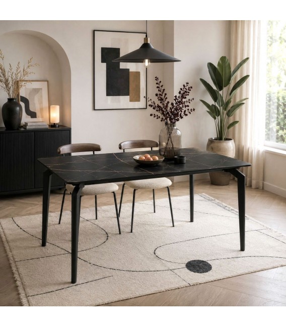 Mesa comedor cerámica negra vetas doradas estilo industrial Mdmhogar