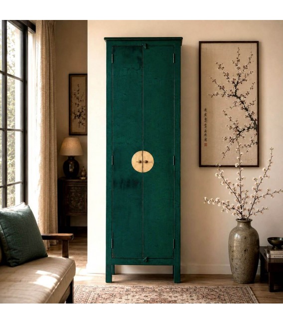 Armario madera mango verde craquelé estilo oriental dos puertas Mdmhogar