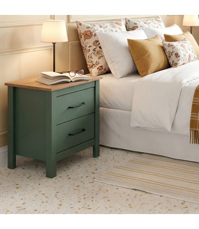 Mesita de noche madera pino verde con acabado rústico natural Mdmhogar
