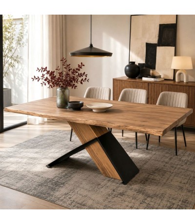 Mesa comedor de acacia maciza con acabado natural y metal negro Mdmhogar