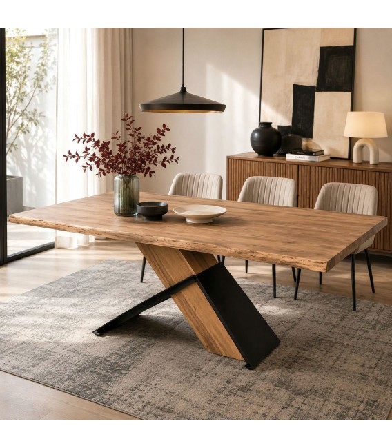 Mesa comedor de acacia maciza con acabado natural y metal negro Mdmhogar