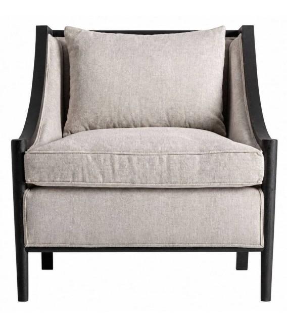 Butaca de lino beige y madera maciza negra contemporánea 2
