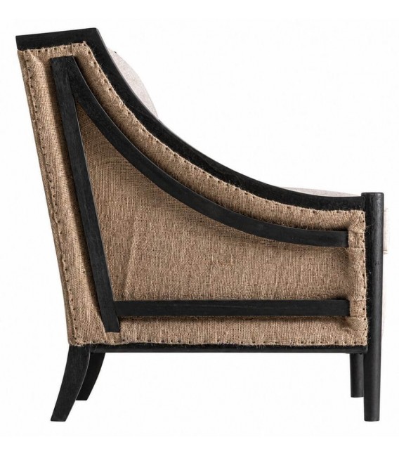 Butaca de lino beige y madera maciza negra contemporánea 3