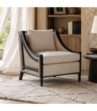 Butaca de lino beige y madera maciza negra contemporánea Mdmhogar