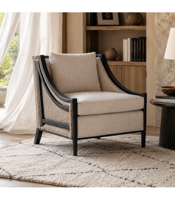 Butaca de lino beige y madera maciza negra contemporánea Mdmhogar