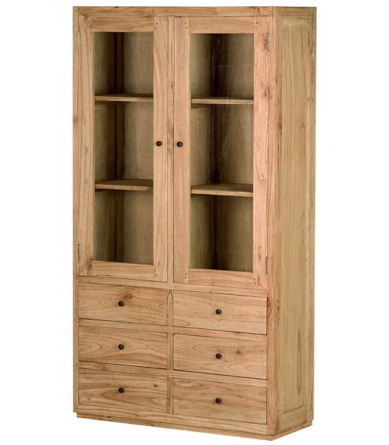 Vitrina de madera maciza de mindi 6 cajones y puertas de cristal boho 1