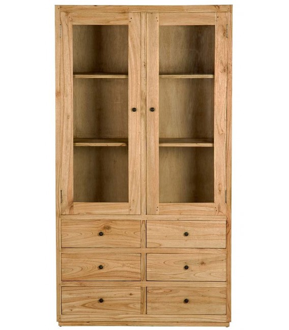 Vitrina de madera maciza de mindi 6 cajones y puertas de cristal boho 2