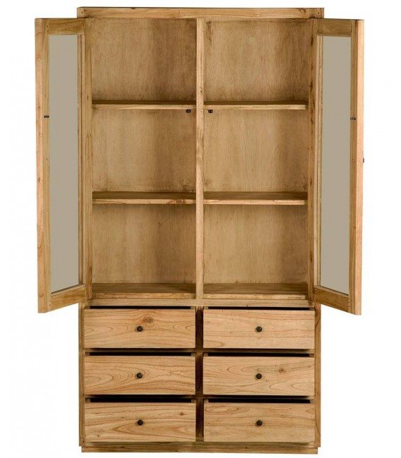 Vitrina de madera maciza de mindi 6 cajones y puertas de cristal boho 5