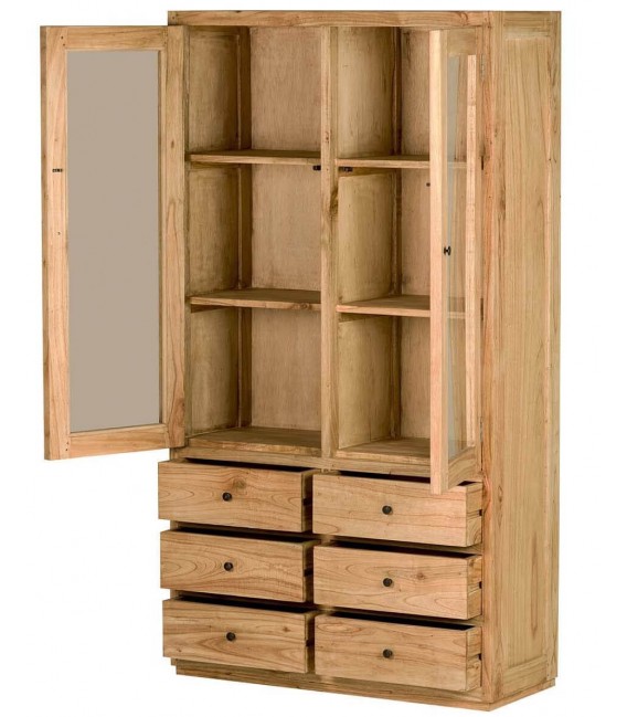 Vitrina de madera maciza de mindi 6 cajones y puertas de cristal boho 4