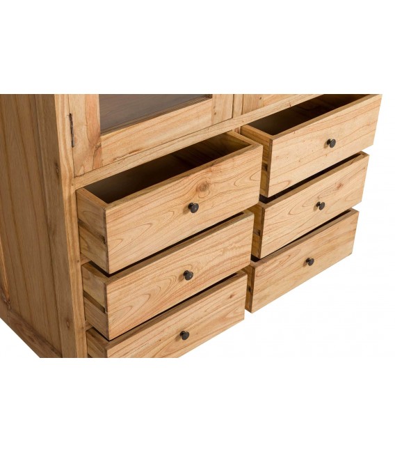 Vitrina de madera maciza de mindi 6 cajones y puertas de cristal boho 8