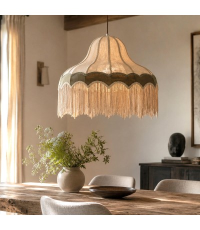 Lámpara de techo de lino beige y verde con flecos Mdmhogar