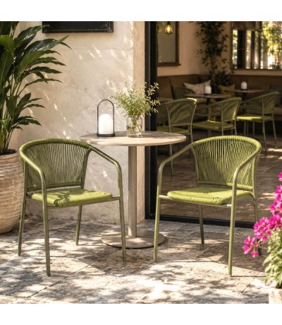 Set 2 sillones exterior apilables verdes de metal y cuerda Mdmhogar