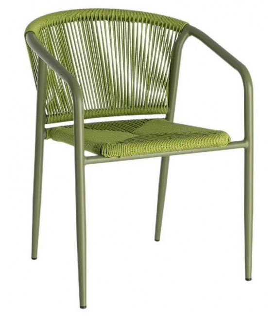 Set 2 sillones exterior apilables verdes de metal y cuerda