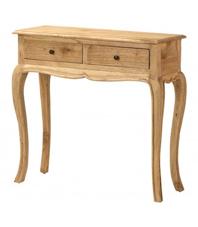 Consola pequeña con 2 cajones de madera natural y bronce