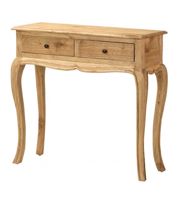 Consola pequeña con 2 cajones de madera natural y bronce