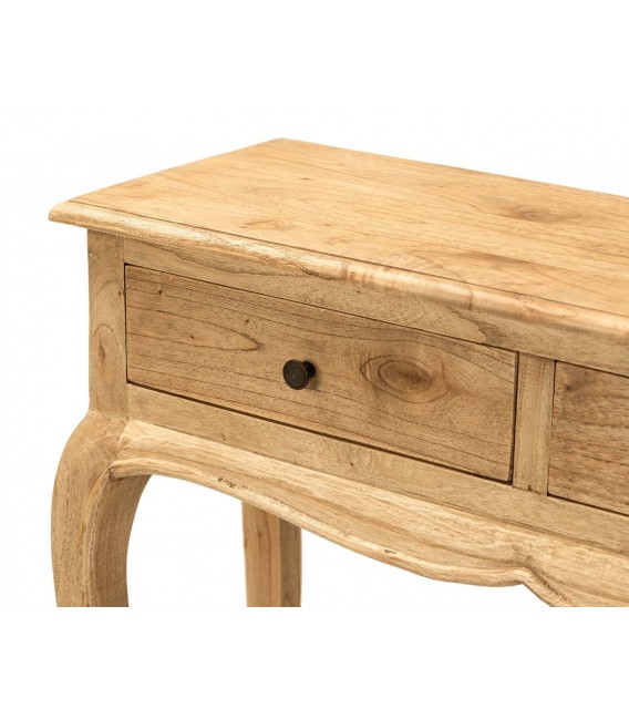 Consola pequeña con 2 cajones de madera natural y bronce 3