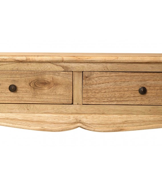 Consola pequeña con 2 cajones de madera natural y bronce 4