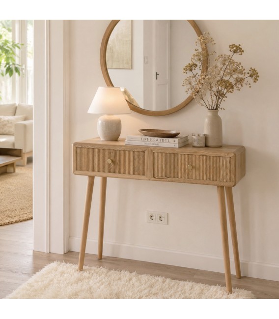 Consola de entrada nórdica de madera de pino natural con 2 cajones. Mdmhogar
