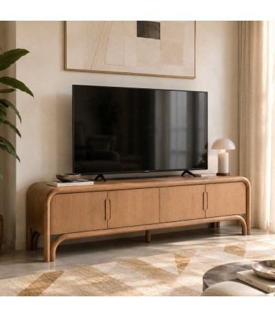 Mueble de TV de madera maciza de mango con 4 puertas acabado natural Mdmhogar