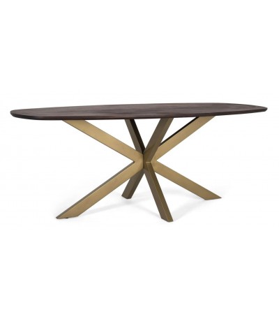Mesa de comedor ovalada grande de nogal con base metálica dorada