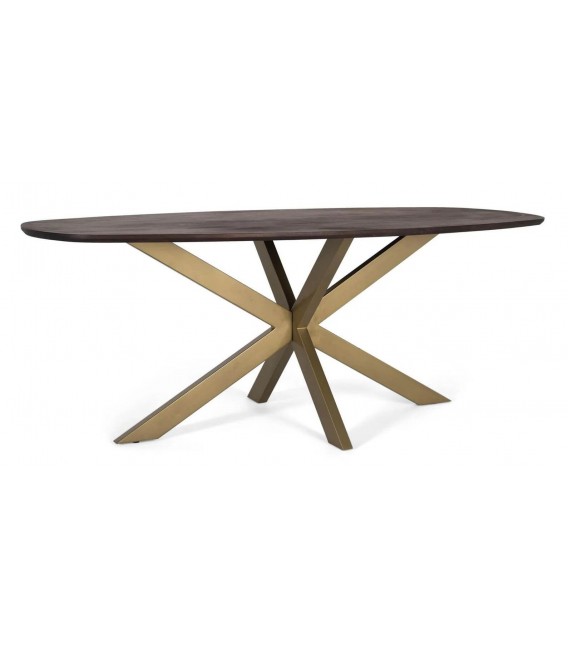 Mesa de comedor ovalada grande de nogal con base metálica dorada
