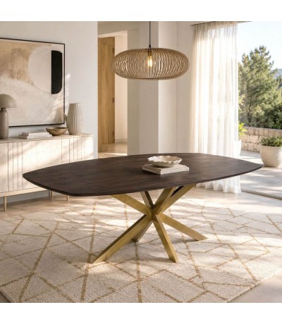 Mesa de comedor ovalada grande de nogal con base metálica dorada Mdmhogar
