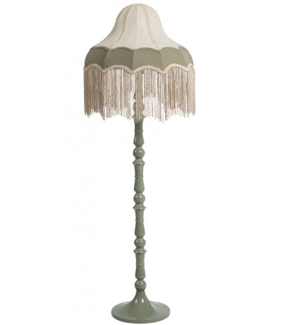 Lámpara de pie XL de lino verde y beige con flecos artesanales