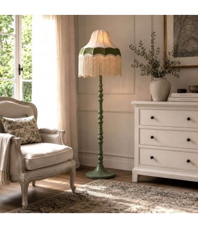 Lámpara de pie XL de lino verde y beige con flecos artesanales Mdmhogar