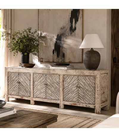 Aparador grande de madera boho con puertas decoradas a mano Mdmhogar