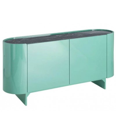 Aparador verde de 2 puertas con tapa de mármol negro elegante.