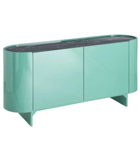 Aparador verde de 2 puertas con tapa de mármol negro elegante.
