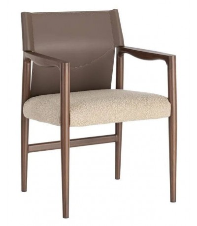 Sillón comedor beige con polipiel topo y acabado nogal moderno. 1