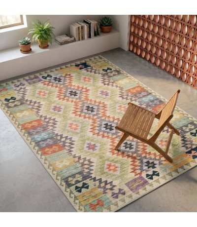 Alfombra étnica multicolor de poliéster en tonos suaves elegante. Mdmhogar