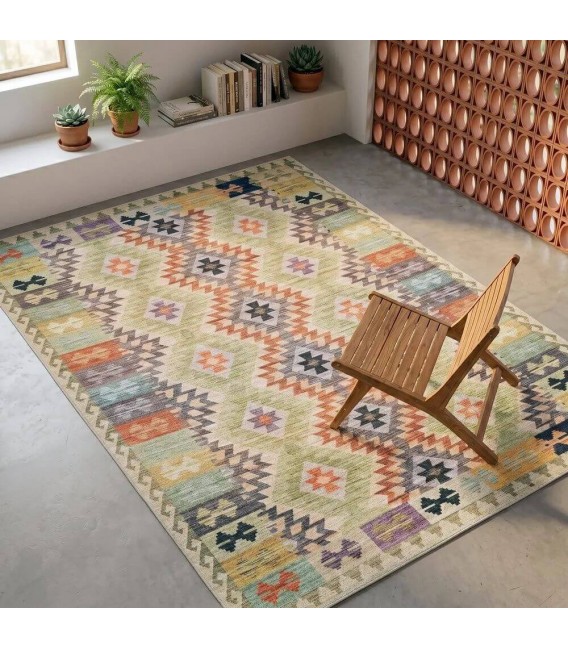 Alfombra étnica multicolor de poliéster en tonos suaves elegante. Mdmhogar