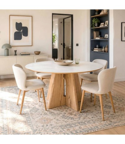 Mesa redonda con tapa cerámica mármol blanco y pie madera natural. Mdmhogar