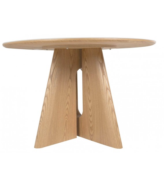 Mesa redonda con tapa cerámica mármol blanco y pie madera natural. 3