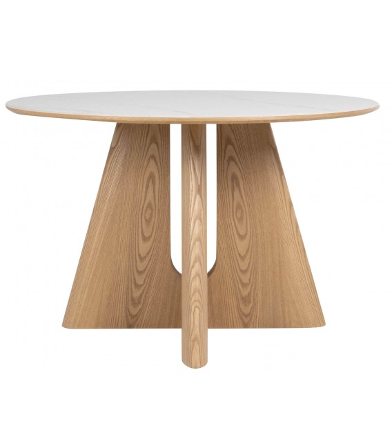 Mesa redonda con tapa cerámica mármol blanco y pie madera natural. 1