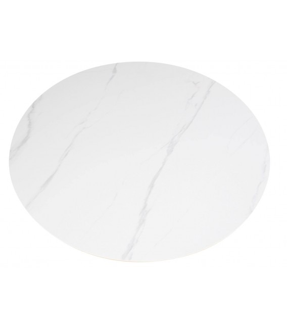 Mesa redonda con tapa cerámica mármol blanco y pie madera natural. 2