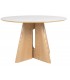 Mesa redonda con tapa cerámica mármol blanco y pie madera natural.