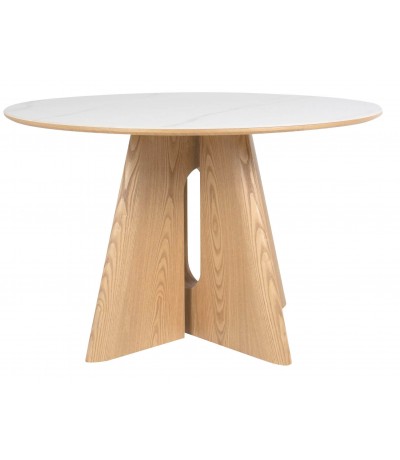 Mesa redonda con tapa cerámica mármol blanco y pie madera natural.