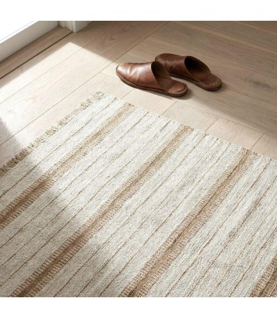Alfombra boho de lana, algodón y yute con rayas naturales claras Mdmhogar