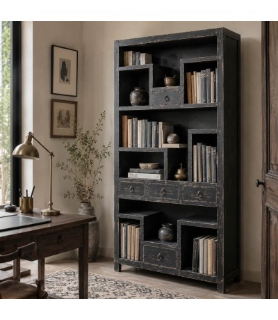 Estantería única oriental madera maciza con 5 cajones decapada negra Mdmhogar