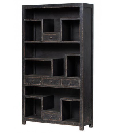 Estantería única oriental madera maciza con 5 cajones decapada negra