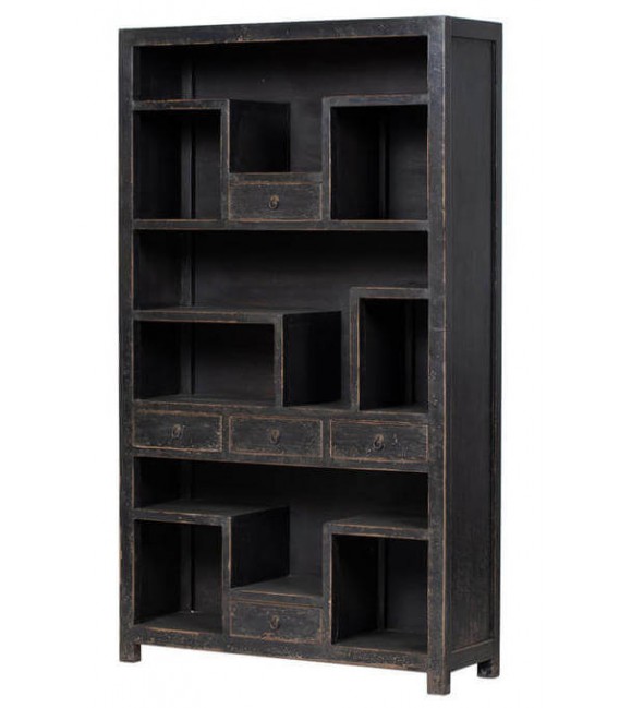 Estantería única oriental madera maciza con 5 cajones decapada negra