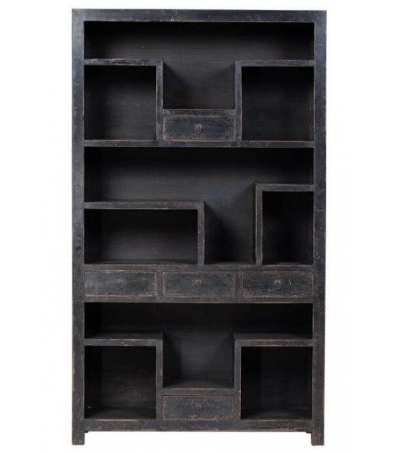 Estantería única oriental madera maciza con 5 cajones decapada negra 1