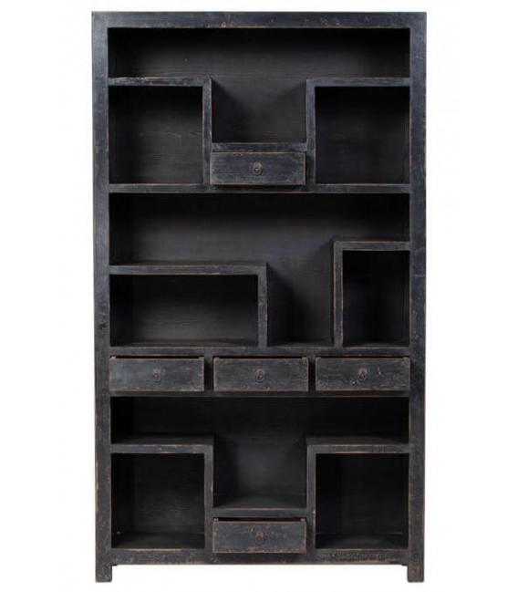 Estantería única oriental madera maciza con 5 cajones decapada negra 2
