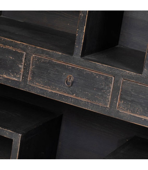 Estantería única oriental madera maciza con 5 cajones decapada negra 3