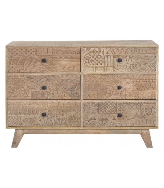 Cómoda de madera tallada con 6 cajones y acabado natural boho 1