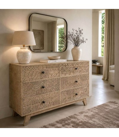 Cómoda de madera tallada con 6 cajones y acabado natural boho Mdmhogar