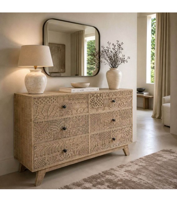Cómoda de madera tallada con 6 cajones y acabado natural boho Mdmhogar